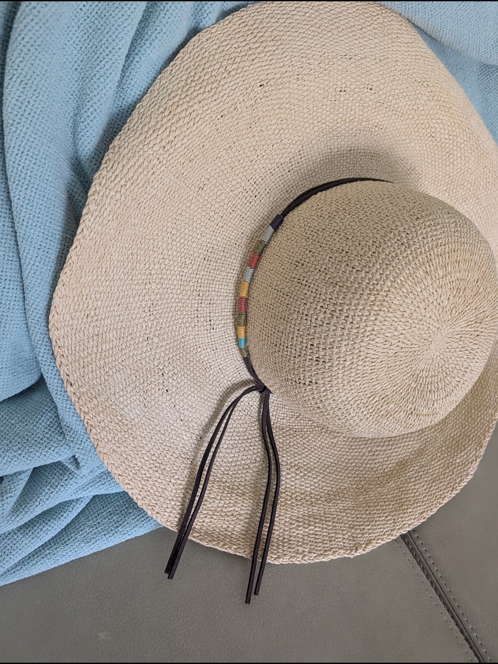 Ralph Lauren Denim Vintage Straw Wide-Brim Sun Hat with Multicolor Bead Trim